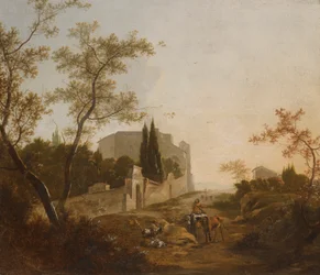 Landschaft mit Reiter in der Nähe einer Villa
